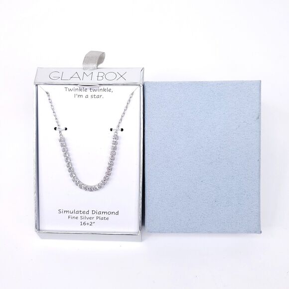 Glam Box Necklace Tennis Fine Silver Plated Simulated Diamond Women Jewelry 16+2 - Picture 2 of 7